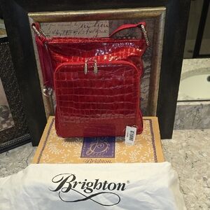 NWT VINTAGE BRIGHTON *SONNY* LIPSTICK Red Croc PATENT LEATHER SHOULDER Bag